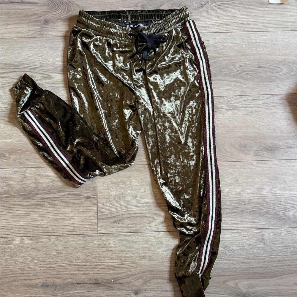Olive Crushed Velvet Joggers with Stripe Trim